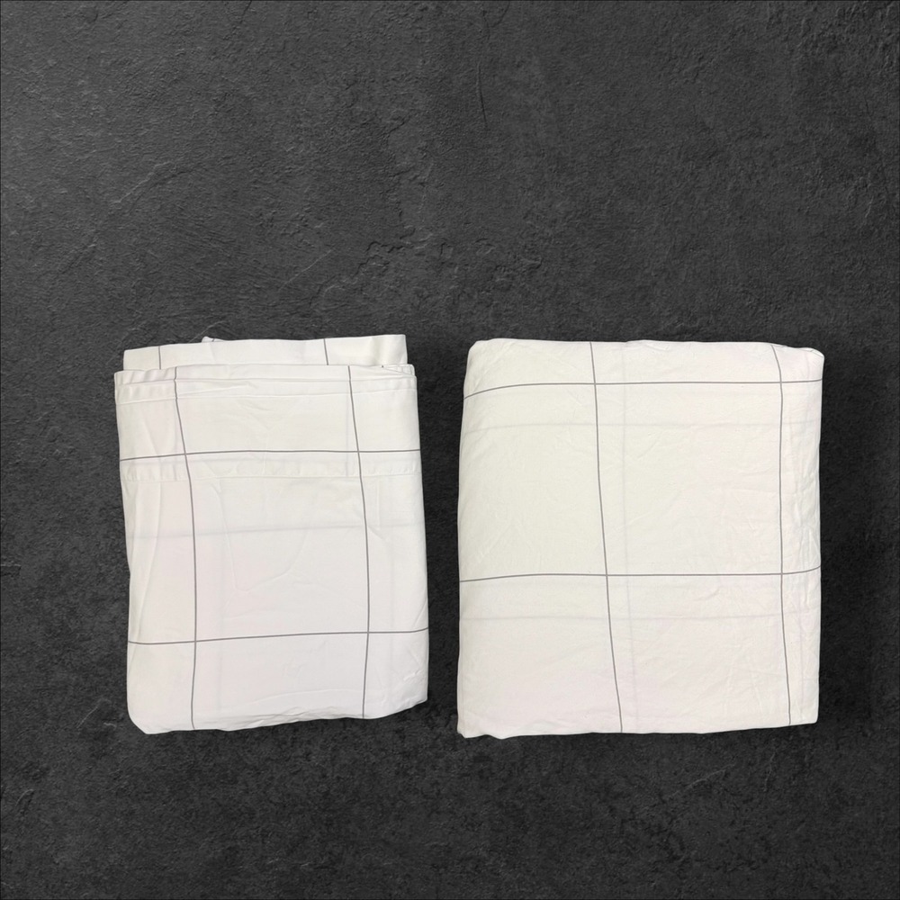 Brooklinen King Sheet Set White Grey Windowpane Grid Classic Percale Flat Fitted